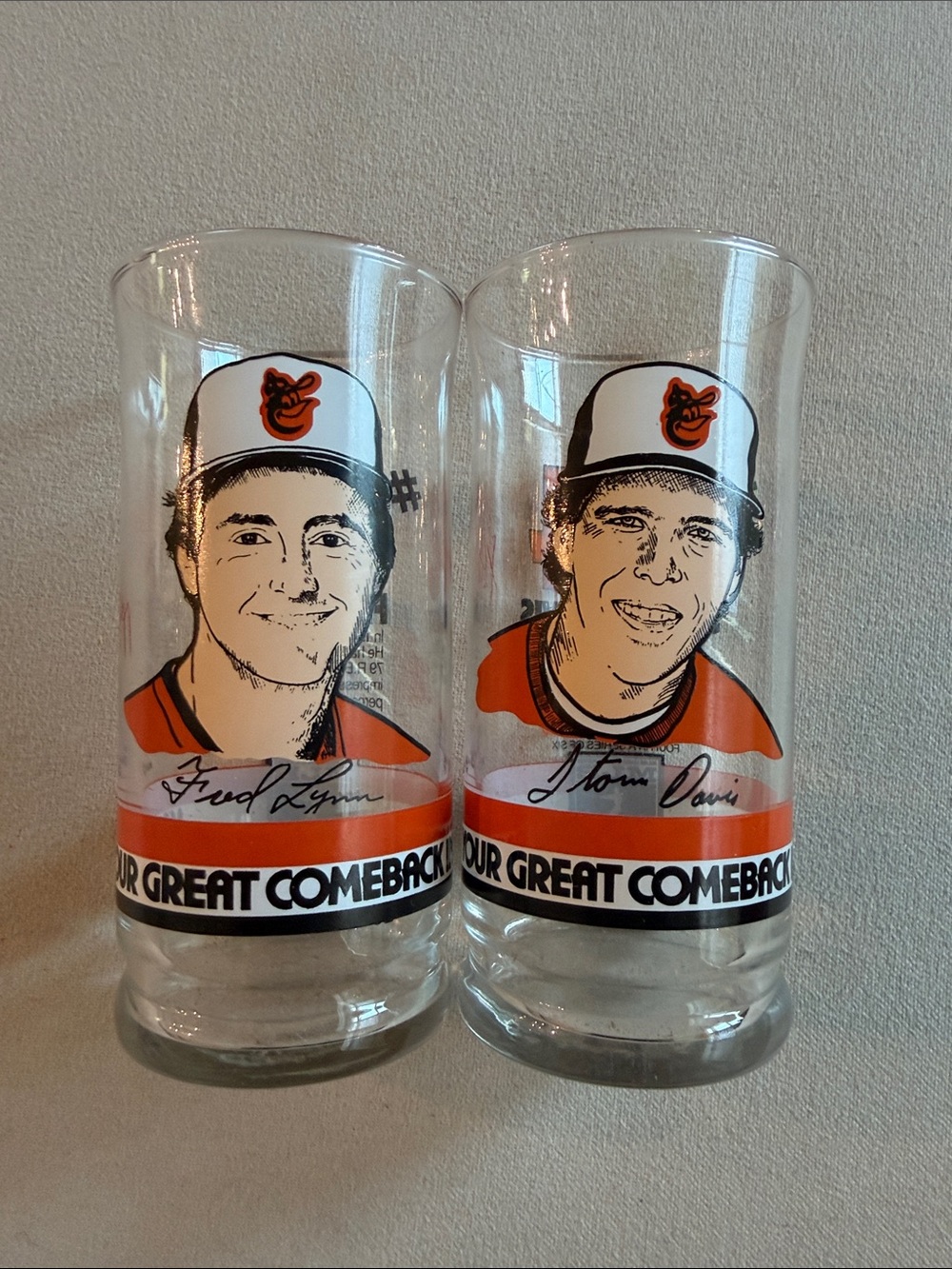 Vintage 1985 Baltimore Orioles Glass pair Storm David Fred Lynn MLB Promo Glass